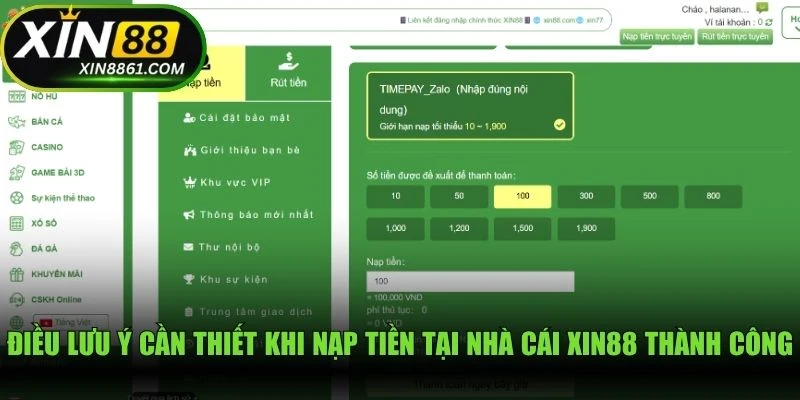 Điều lưu ý cần thiết khi nạp tiền tại nhà cái XIN88 thành công